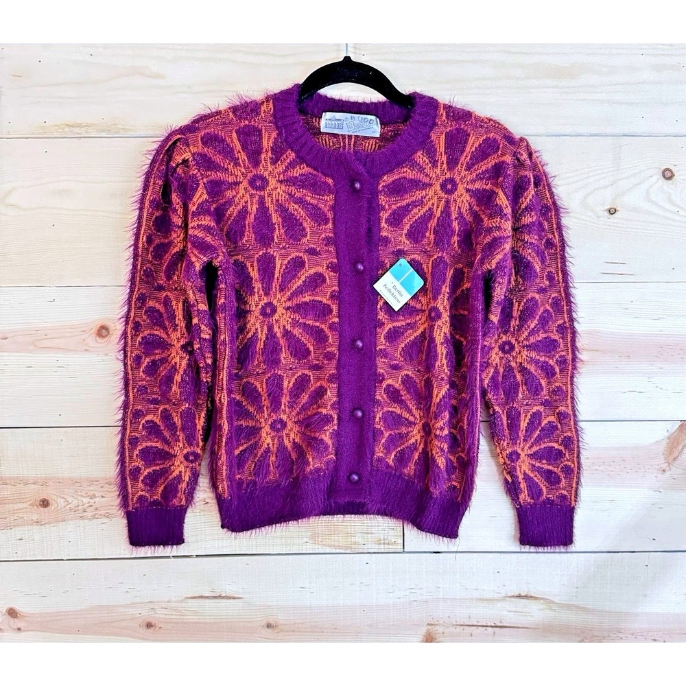 Berlin Original VTG 80s Fuzzy Halo Cardigan Sweater Size S Purple Shaggy‎ Knit
